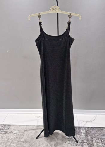 simli Zincir Detaylı Siyah Uzun Abiye Elbise - Görsel 5