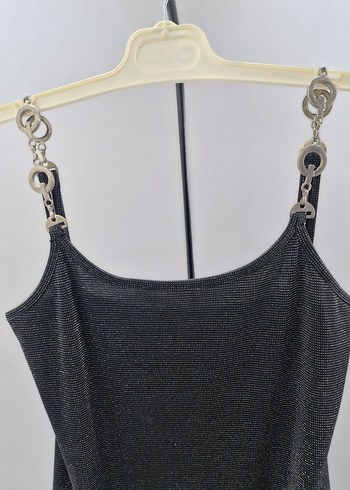 simli Zincir Detaylı Siyah Uzun Abiye Elbise - Görsel 3