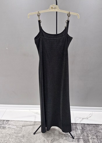 simli Zincir Detaylı Siyah Uzun Abiye Elbise - Görsel 6