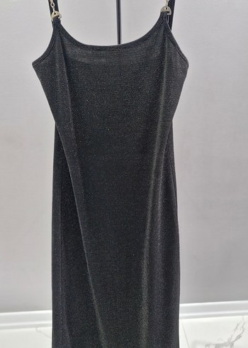 simli Zincir Detaylı Siyah Uzun Abiye Elbise - Görsel 2