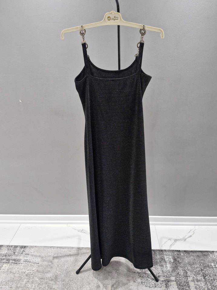 simli Zincir Detaylı Siyah Uzun Abiye Elbise - Görsel 5