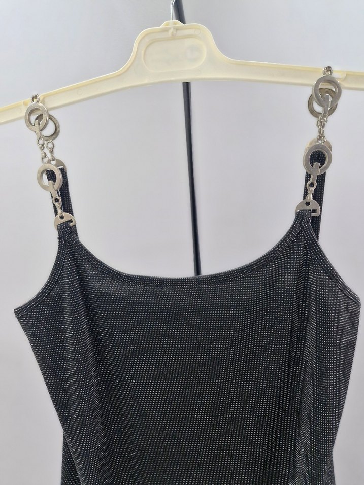 simli Zincir Detaylı Siyah Uzun Abiye Elbise - Görsel 3