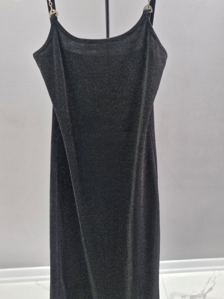 simli Zincir Detaylı Siyah Uzun Abiye Elbise - Görsel 2