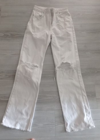 Beyaz Yırtık Detaylı wideleg Kadın Kot Pantolon