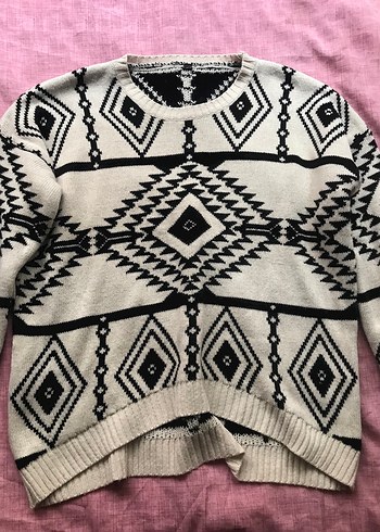 Vintage Bohem Desenli Gri Örgü  Kazak - Görsel 2