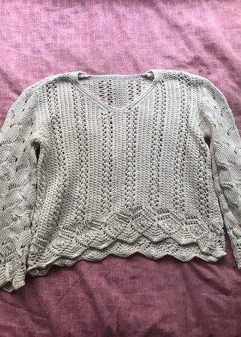 Beyaz Bohem V Yaka Örgü  Kazak - Görsel 2