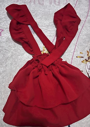 Kız Çocuk Kırmızı Fırfırlı Askılı Elbise - Görsel 2