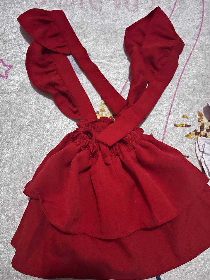 Kız Çocuk Kırmızı Fırfırlı Askılı Elbise - Görsel 2