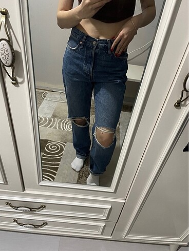 xs Beden mavi Renk Mango düz kesim yuksek bel jean