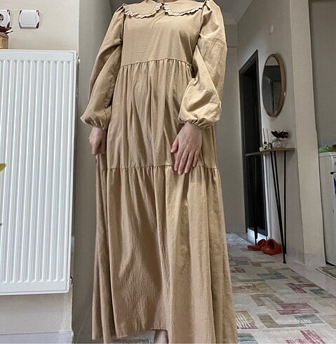 l Beden camel Renk Tesettür Bebe yaka Camel Elbise