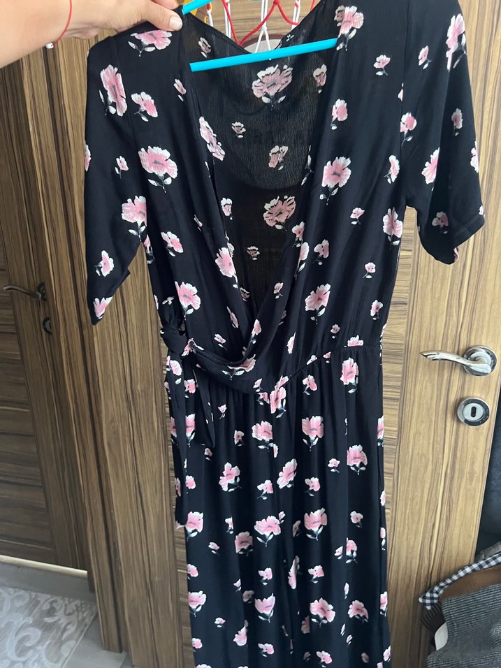 Pembe Çiçek Desenli Bohem Hamile Tulum - Görsel 2