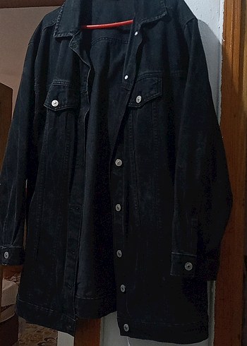 s Beden Düğmeli Siyah Midi Denim Ceket