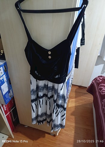 Siyah Bağlama Desenli Uzun Hamile Elbisesi - Görsel 2