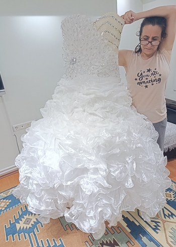 Uzun Straplez Beyaz Gelinlik - Görsel 5