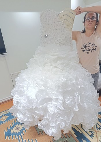 Uzun Straplez Beyaz Gelinlik - Görsel 3