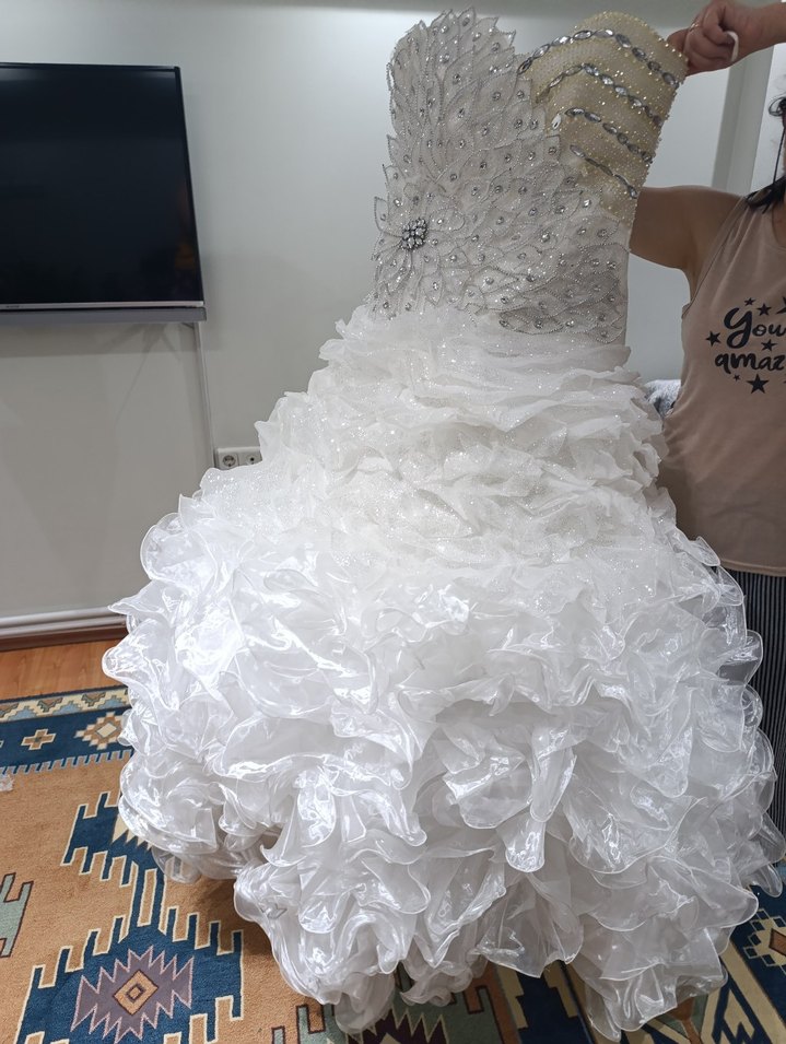 Uzun Straplez Beyaz Gelinlik - Görsel 2