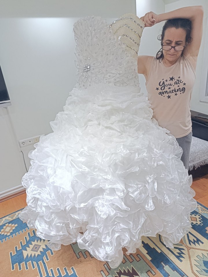 Uzun Straplez Beyaz Gelinlik - Görsel 5