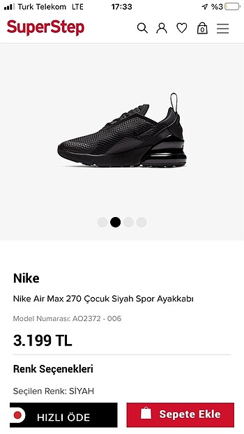 32 Beden Nike air max 270 siyah spor ayakkabı