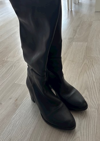 37 Beden Siyah Deri Dizüstü Stiletto Topuklu Botlar