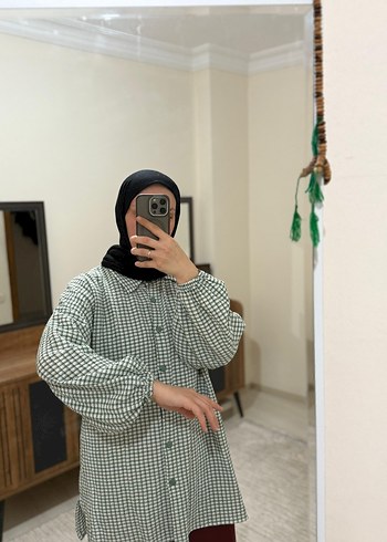 Diğer Düğmeli Gri Kareli Uzun Kollu Tunik