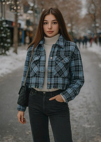 Mavi Ekose Desenli Düğmeli Denim Ceket