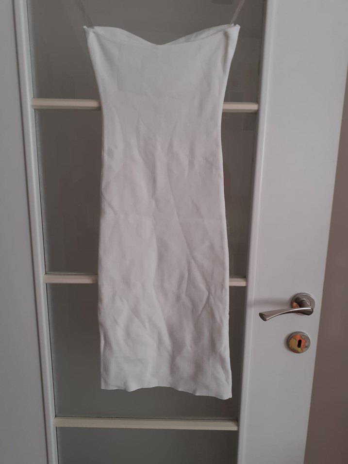 Beyaz Straplez Uzun Kalem Elbise - Görsel 5