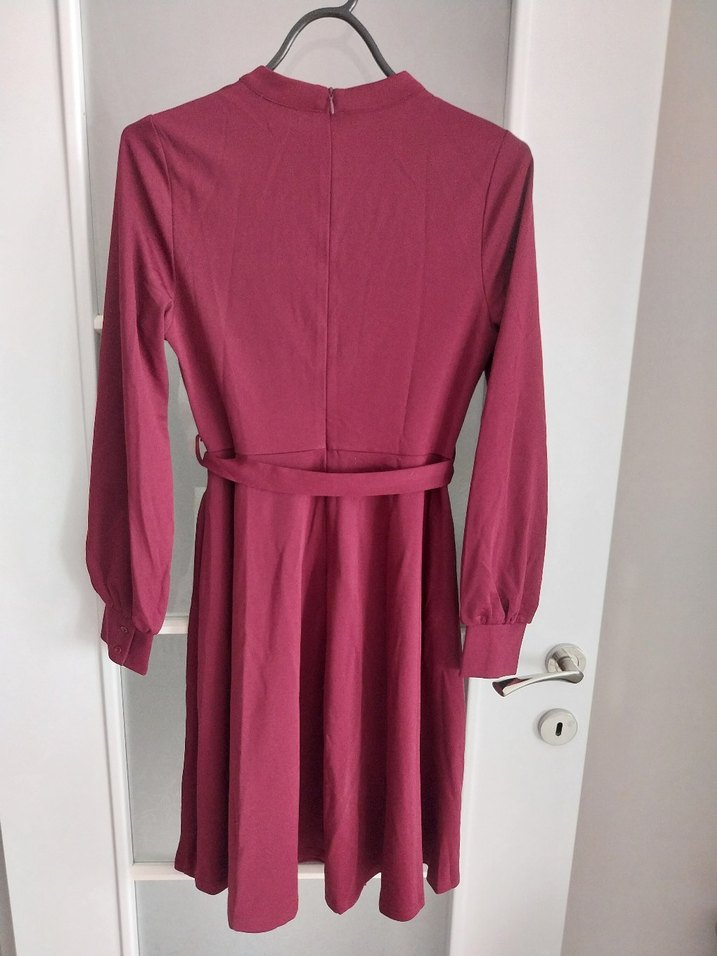 Bordo Uzun Kollu Piliseli Midi Elbise - Görsel 3