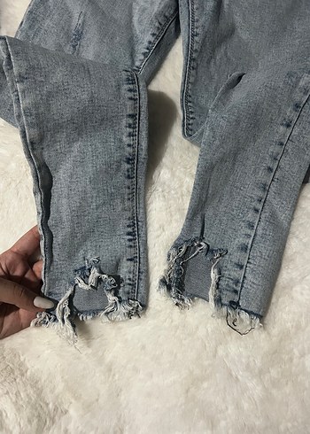 Kadın Gri Mavi Tüylü Skinny Kot Pantolon - Görsel 4