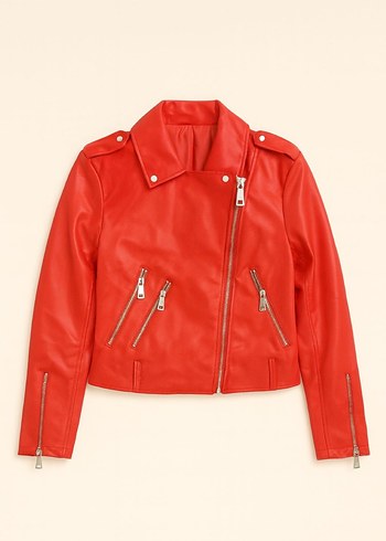 Zara Kadın Kırmızı Deri Biker Ceket