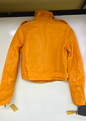 turuncu Deri Kadın Biker Ceket - Görsel 3
