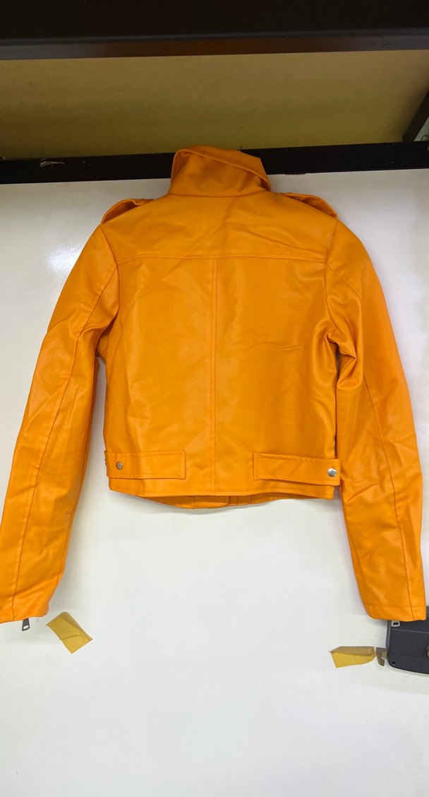 turuncu Deri Kadın Biker Ceket - Görsel 3