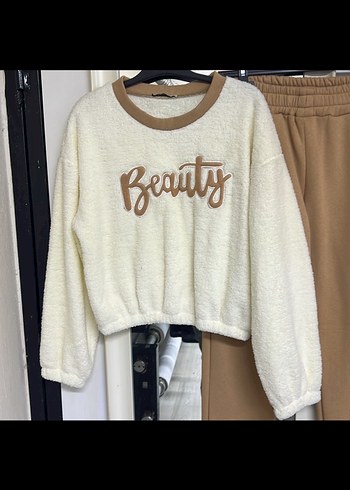 Bej Kadın Salaş Sweatpants Peluş Detaylı - Görsel 3