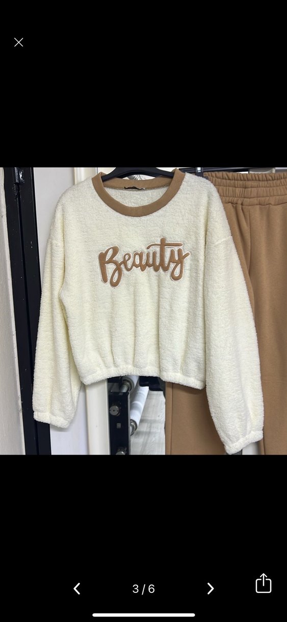 Bej Kadın Salaş Sweatpants Peluş Detaylı - Görsel 3