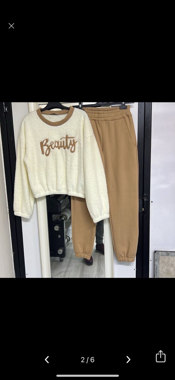 Bej Kadın Salaş Sweatpants Peluş Detaylı - Görsel 2