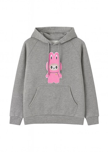 Gri Kapüşonlu  nakış Kadın Sweatshirt - Görsel 3