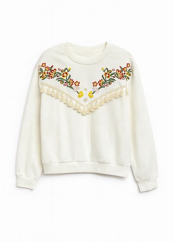 Nakışlı Beyaz Kadın Sweatshirt - Görsel 2