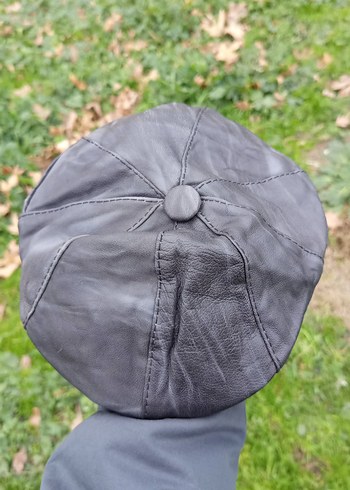 Düğmeli Gri Deri Biker Şapka - Görsel 2