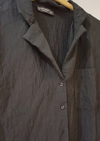 Düğmeli Siyah Keten Kısa Kollu Kadın Gömlek - Görsel 3