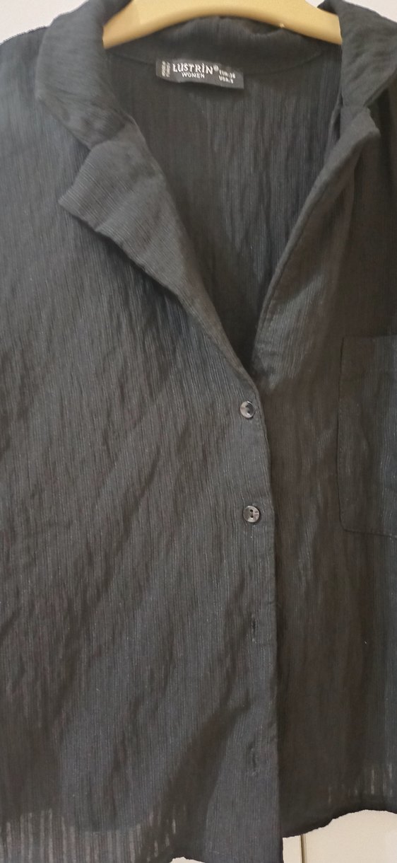 Düğmeli Siyah Keten Kısa Kollu Kadın Gömlek - Görsel 2