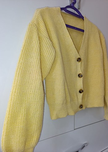 Sarı V Yaka Örgü Kadın Hırka - Görsel 3