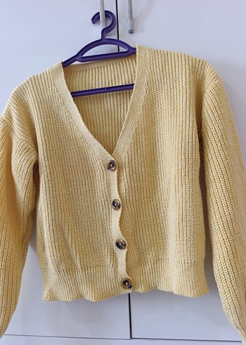 Sarı V Yaka Örgü Kadın Hırka - Görsel 2