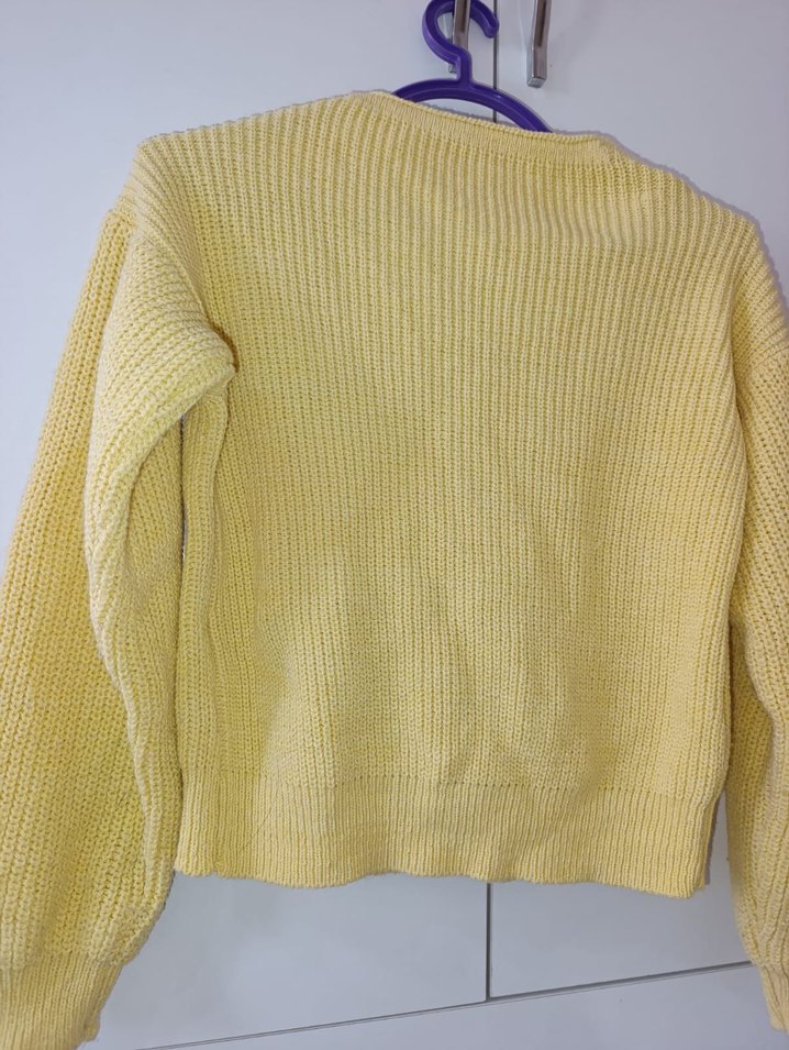 Sarı V Yaka Örgü Kadın Hırka - Görsel 4