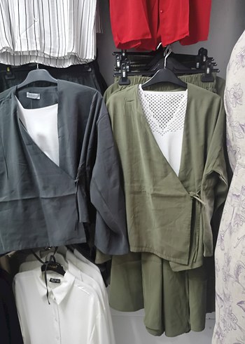 Gri Kemerli Kısa Kadın Kimono Etekli Alt Üst Takım