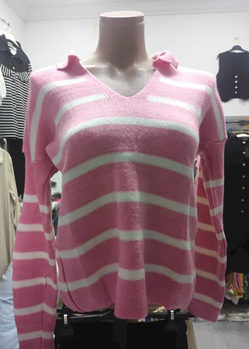 Pembe Çizgili V Yaka Triko Kadın Kazak