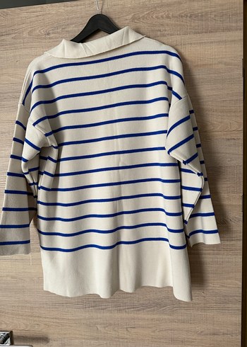 Mavi Çizgili Kadın Oversize Triko - Görsel 2