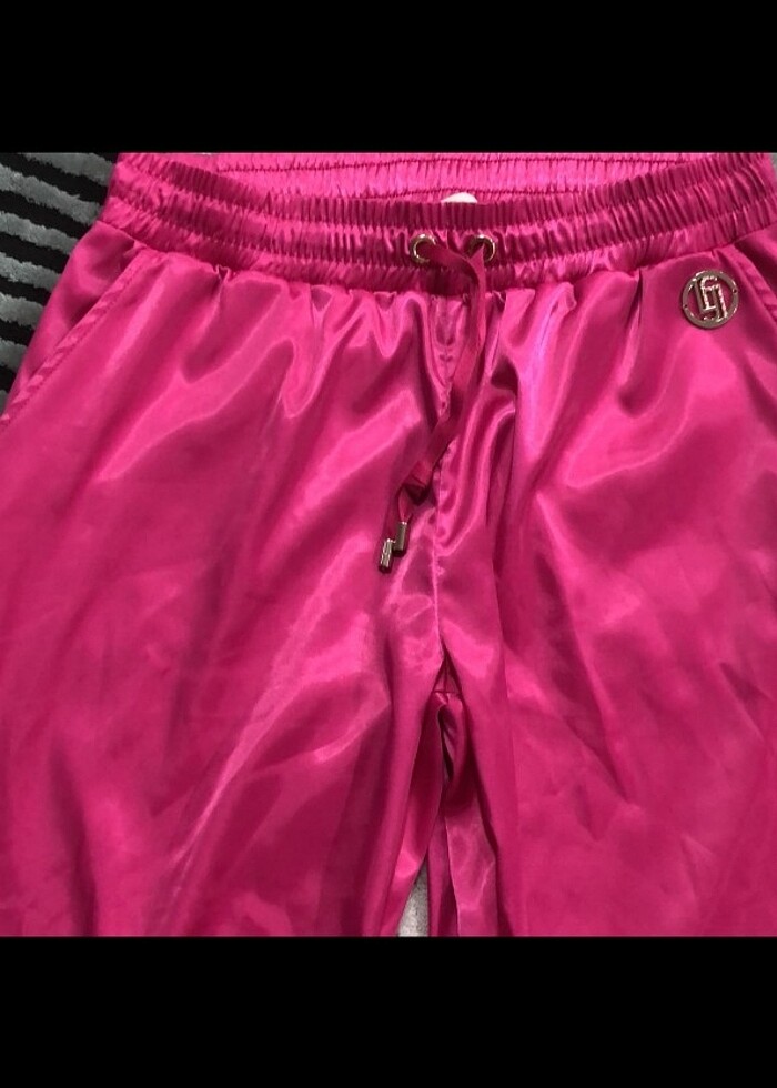 Fuşya pembe joger saten rahat. Pantolon - Görsel 2