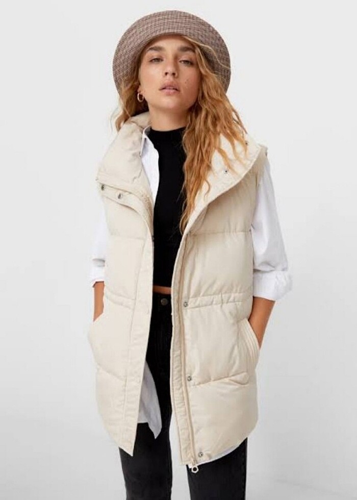 Stradivarius şisme bej renk yelek - Görsel 2