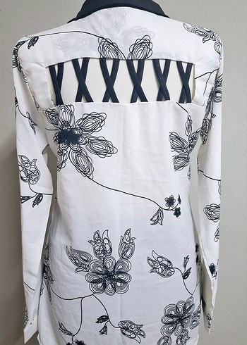 Düğmeli, Baskılı, Uzun Kollu Beyaz Kadın Gömlek - Görsel 2