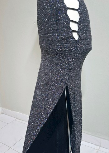 Payetli Uzun Gri Kadın Abiye Elbise - Görsel 4