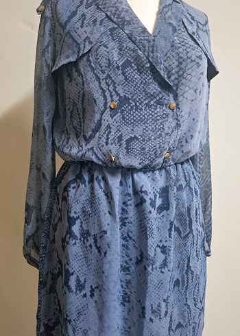 Desenli Mavi Şifon Kadın Elbise - Görsel 5